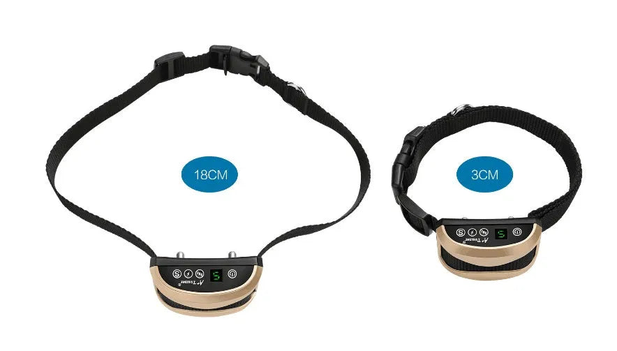 Digital anti-bark dog training collar with LCD display showing correction levels on adjustable reflective strap