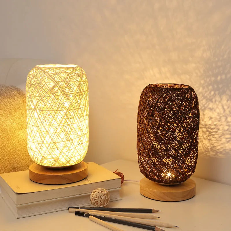 Twine Sepak Takraw desk lamp with woven hemp rope shade on solid wood base