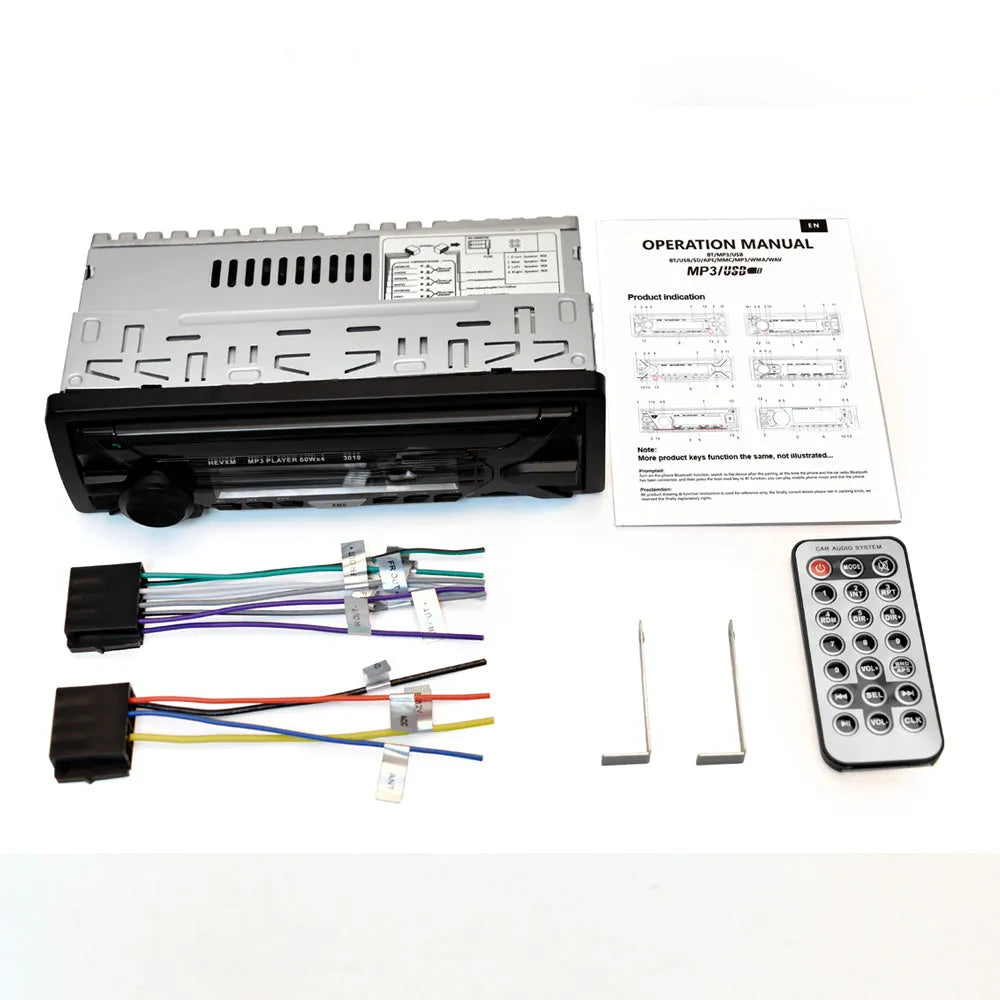 Front view of a car stereo with LCD display, control knobs, USB port, and card slot.