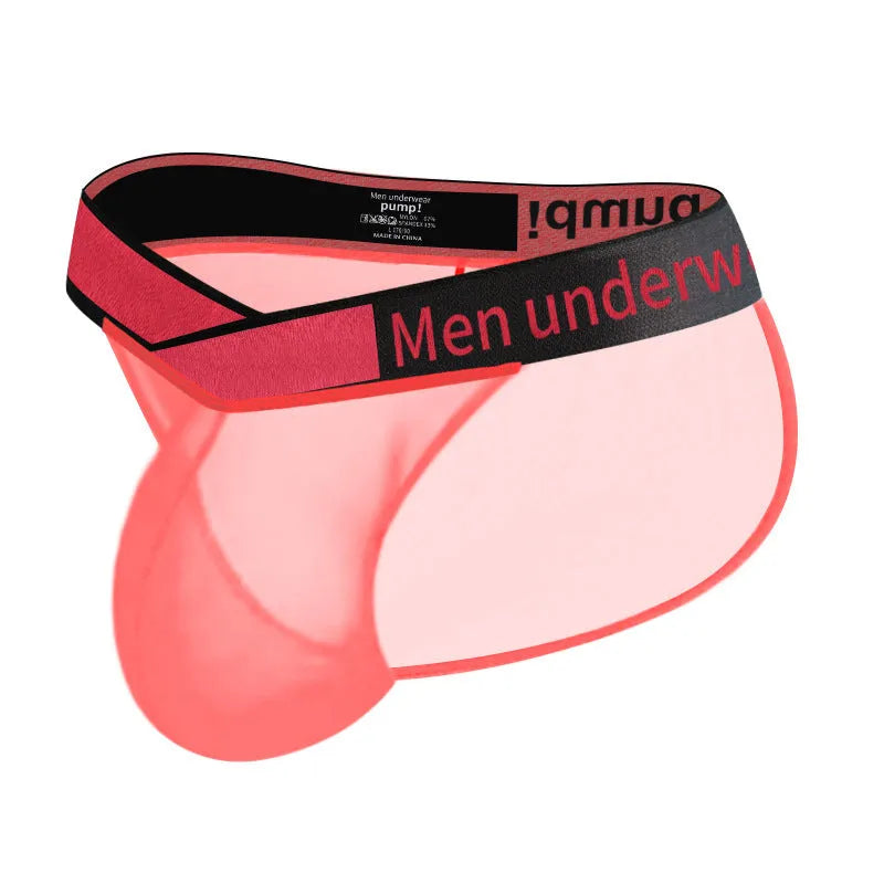 Men's transparent ice silk briefs showing large V gradient high cut design in red colour