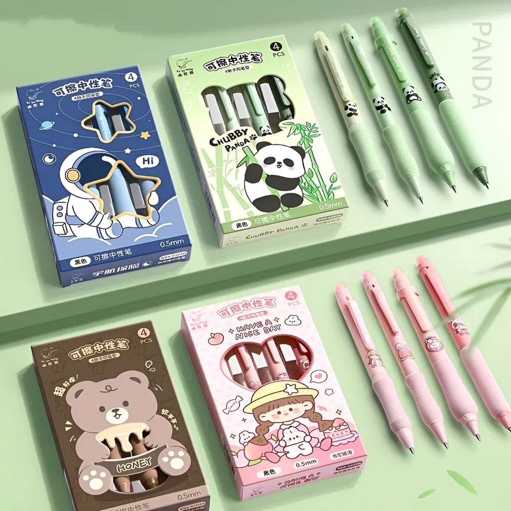 Cartoon-themed erasable gel pen with press mechanism and 0.5mm tip in black or blue.