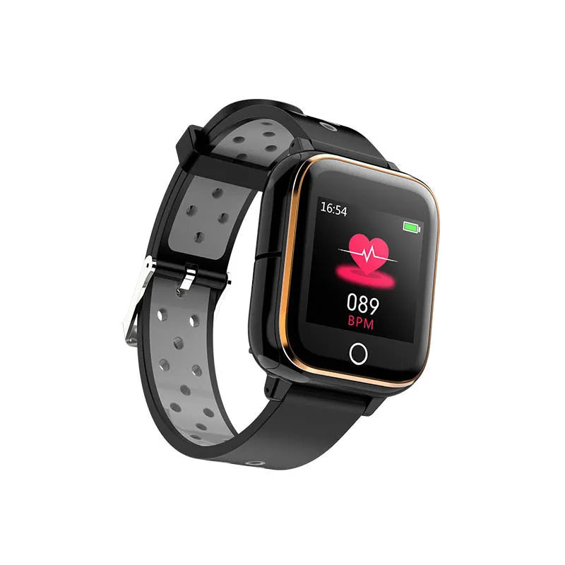 Black smartwatch with detachable Bluetooth earphones stored in the case showing a 1.4 inch screen