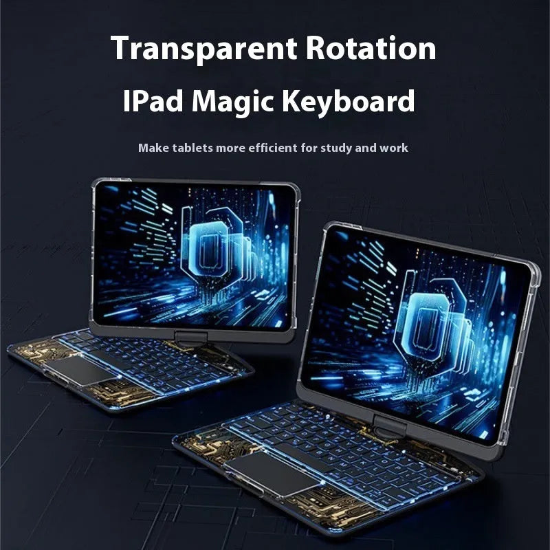 Transparent rotating keyboard protective case for Apple iPad Air tablet showing detachable wireless keyboard.