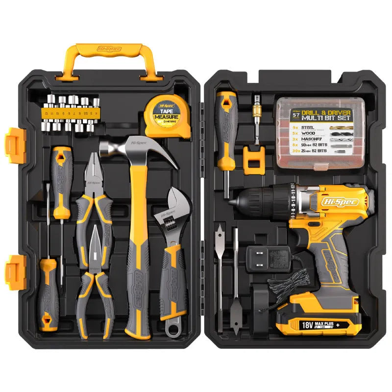Grey yellow US style 82-piece chrome-vanadium steel tool kit for furniture installation.