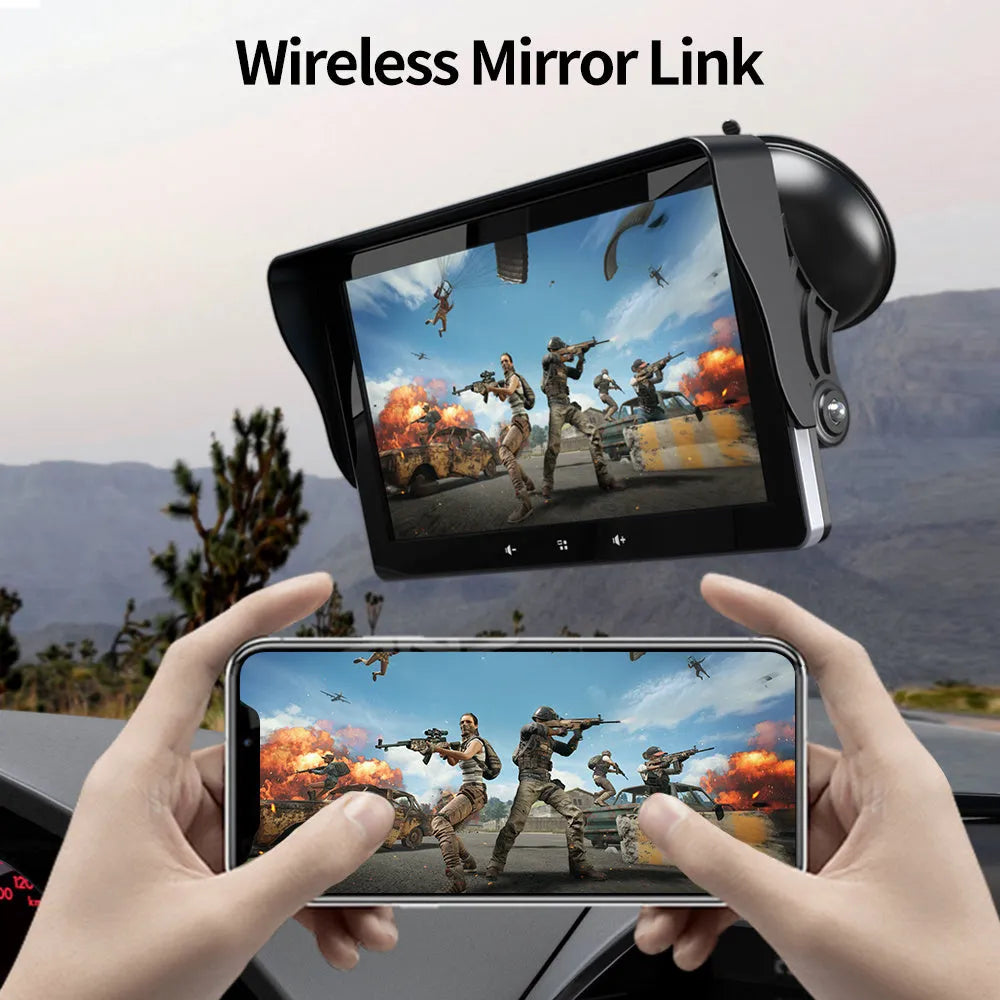 7-inch wireless CarPlay display with suction cup mount and cigarette lighter power adapter