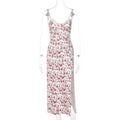 Women's lace floral print long dress with suspender straps and side slit in blue colour