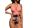 Women's halter neck one-piece swimsuit in quick-dry polyester with floral print