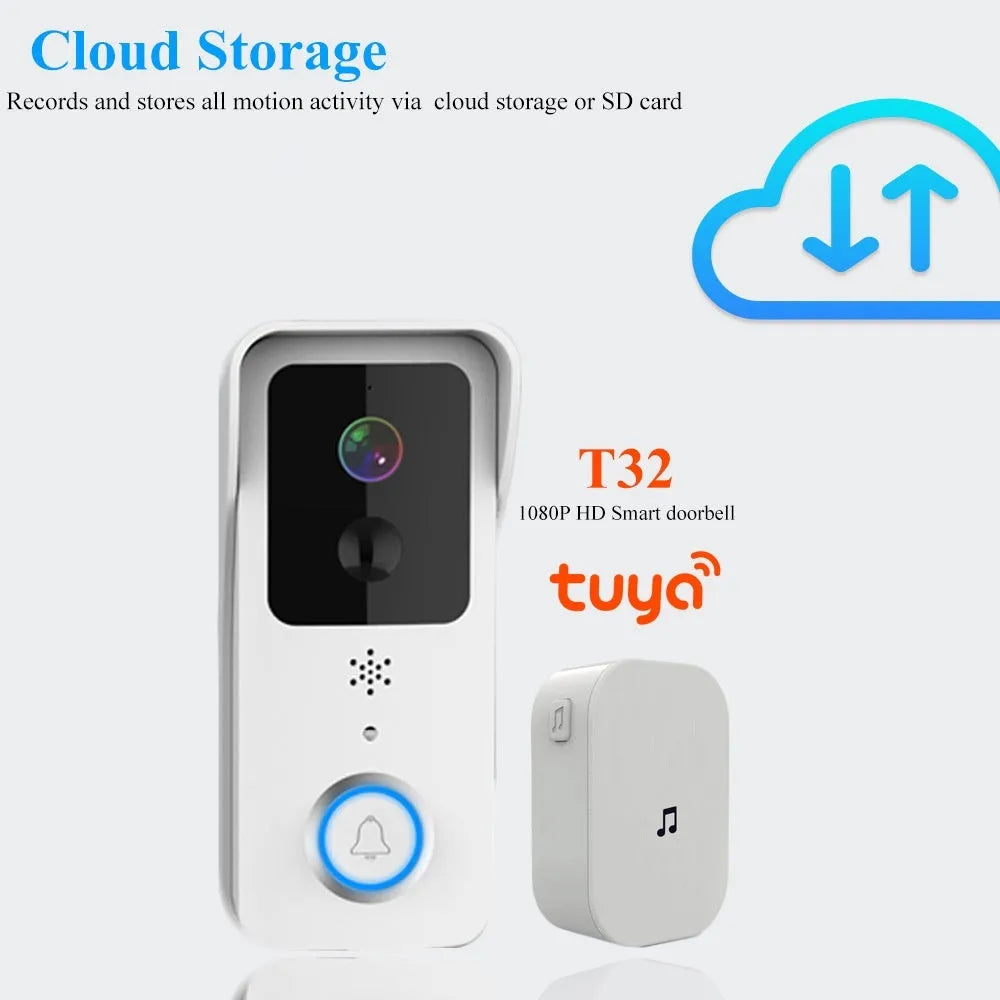 Black or white smart visual doorbell with camera, button, and waterproof casing for outdoor mounting.