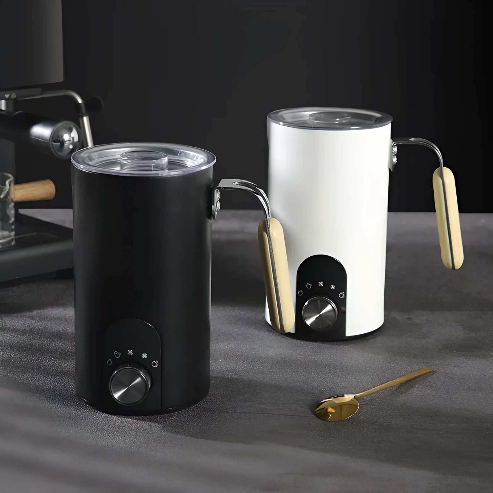 White knob-style milk frother with stainless steel body and 350ml capacity on countertop
