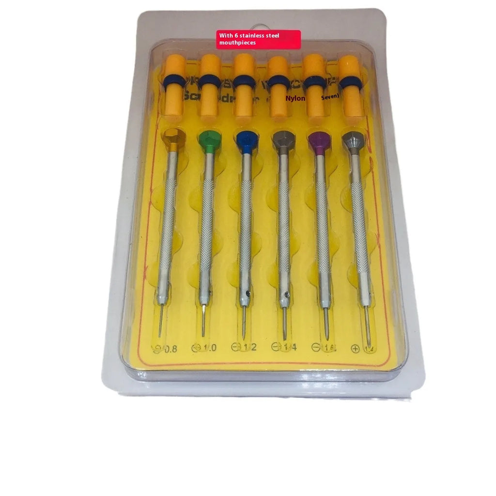 Six colour-coded watch repair screwdrivers with copper handles in an aluminium case.