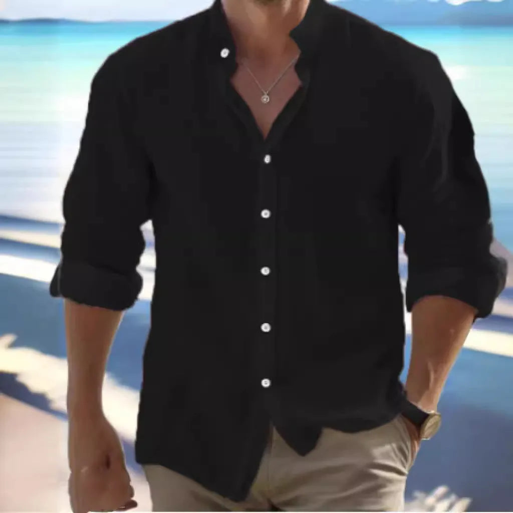 Men's long-staple cotton button summer beach shirt on a hanger, showing casual collar and front.