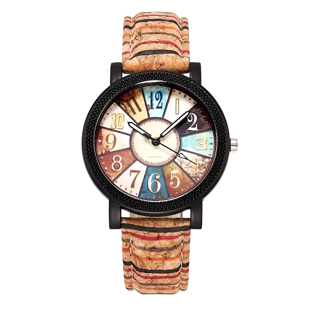 Vintage leather women's quartz watch with 37mm round dial and stainless steel buckle
