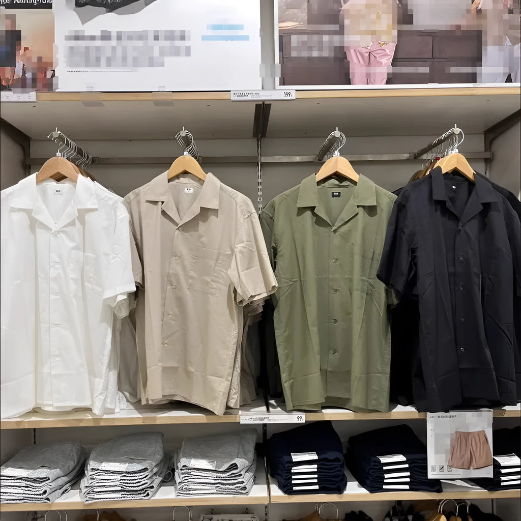 Man wearing a beige open collar casual shirt made from a cotton modal blend with Japanese styling