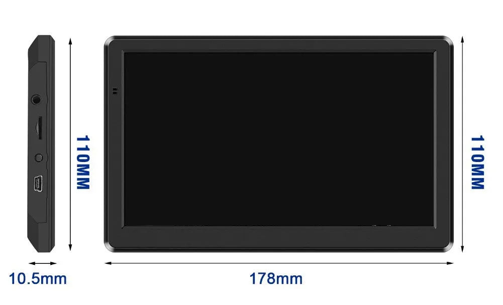 7-inch portable car GPS navigation device with mount and charger on a car dashboard