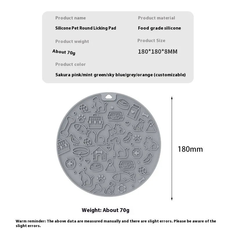 Round silicone pet licking mat with textured surface and suction cup on reverse, in blue colour.