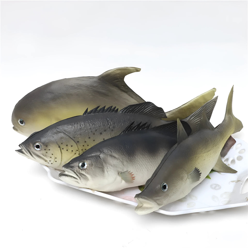 Three PU simulated fish ornaments showing yellow-fin tuna, yellow fin tuna, and small tuna marine models