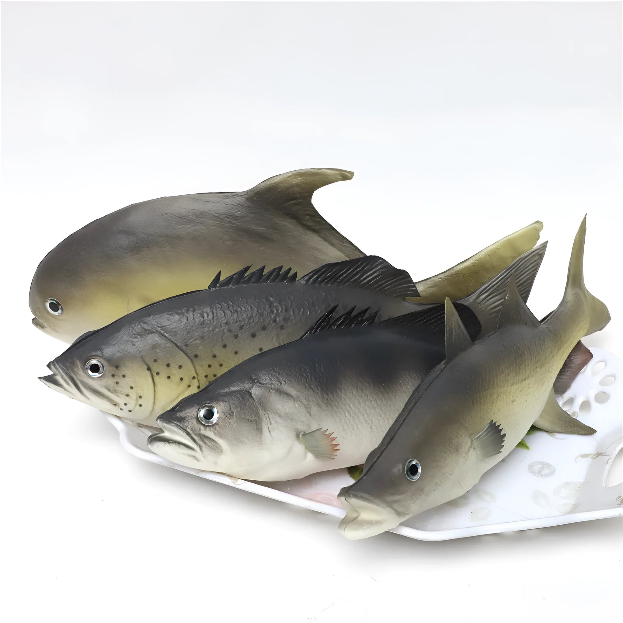 Three PU simulated fish ornaments showing yellow-fin tuna, yellow fin tuna, and small tuna marine models