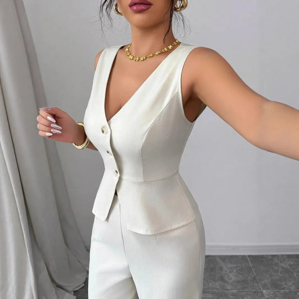 Women's solid colour sleeveless vest and high-waist trousers two-piece set in casual Japanese Korean style