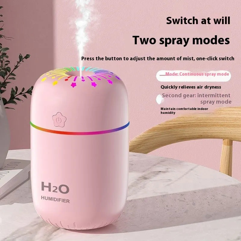 Compact fireworks design USB humidifier in white, pink, or green colours measuring 75x75x116mm