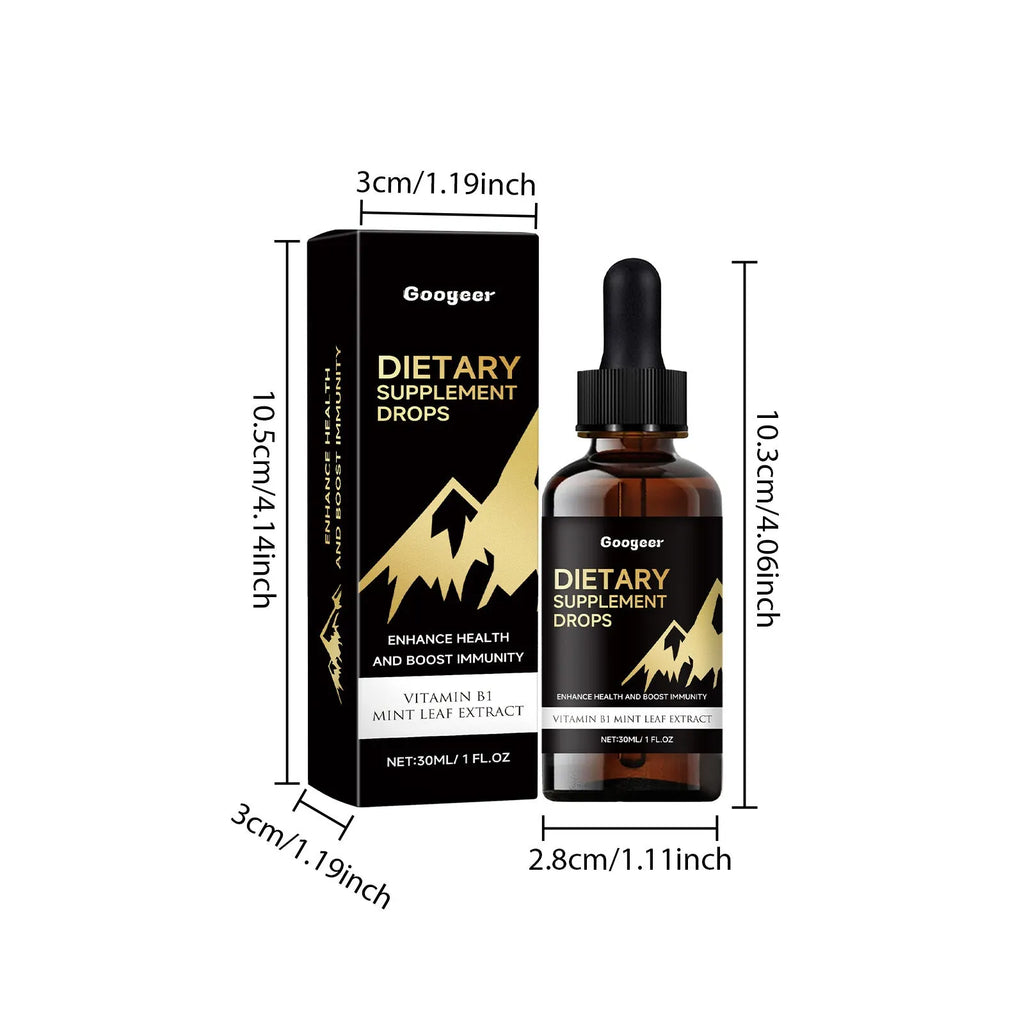 30ml clear bottle of liquid dietary supplement drops with a black dropper cap.