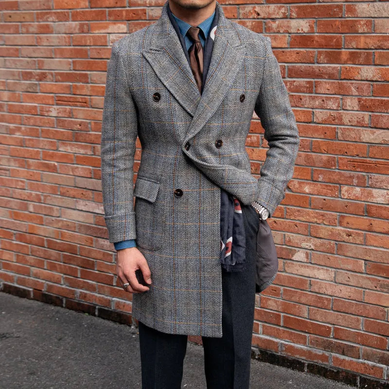 Grey wool plaid polo coat with notched lapel, single-breasted front, long sleeves, front view