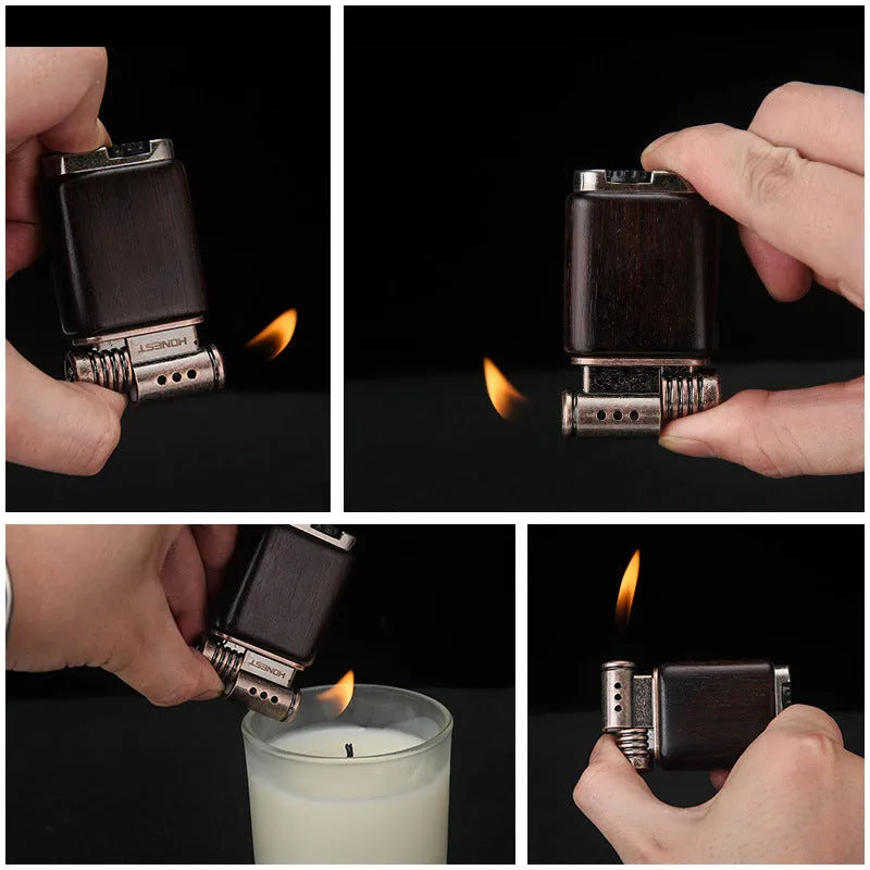Decorative metal gas lighter with detailed Black Wood and Rosewood finish designs.
