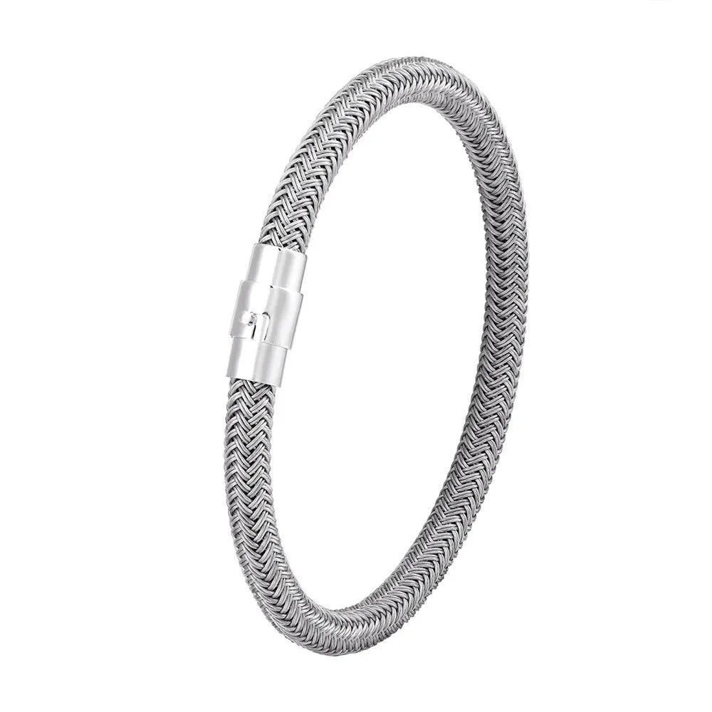 Titanium steel geometric wire bracelet with magnet socket closure showing linear design elements