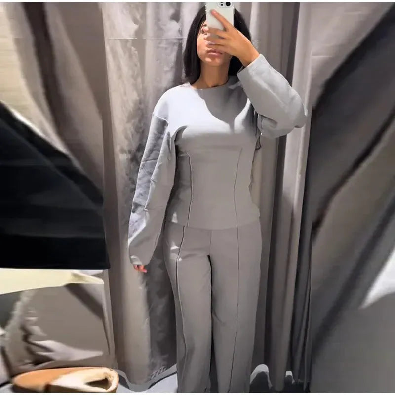 Women's polar fleece suit set with O-neck top and wide leg trousers in multiple colour options