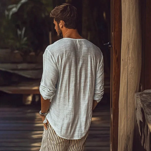 Beige V-neck long-sleeved slim fit t-shirt made from a hemp-blend fabric