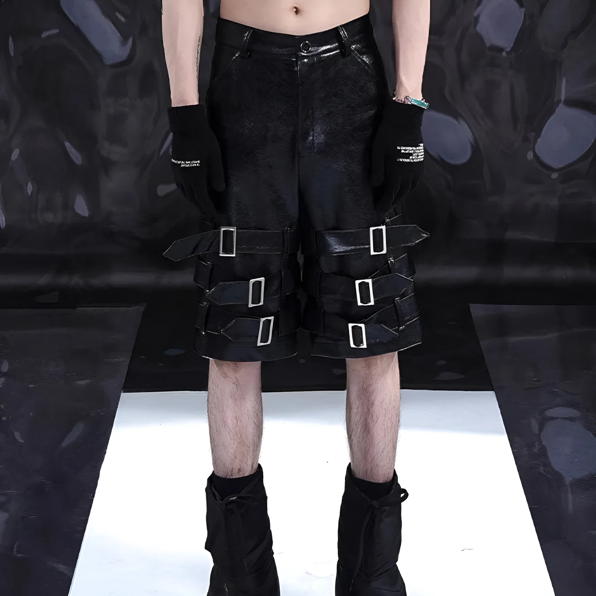 Men's black PU leather casual shorts with a distinctive ring design on the leg, shown in a cropped fit.