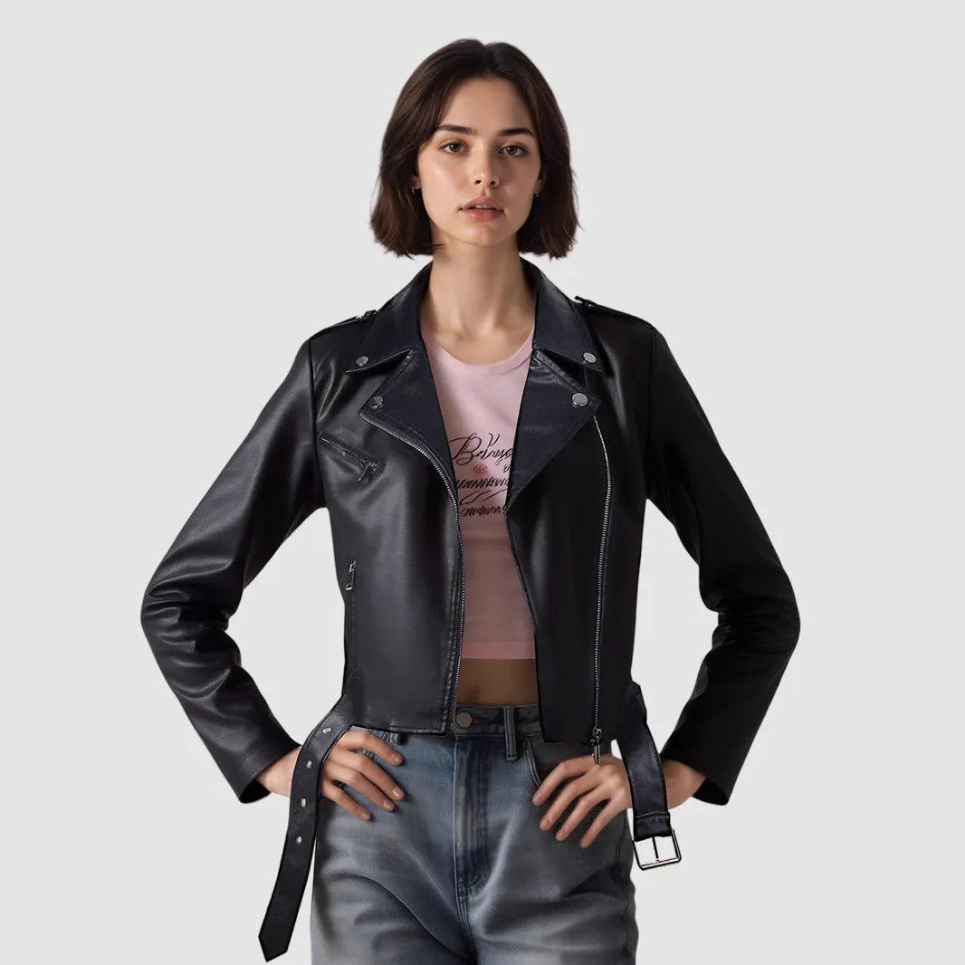 Women's black PU leather motorcycle-style jacket with lapel collar and waist belt on a hanger