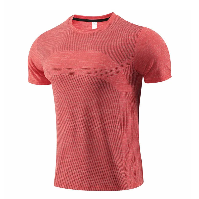Short sleeved red running t-shirt for sports, made from polyester spandex fabric.