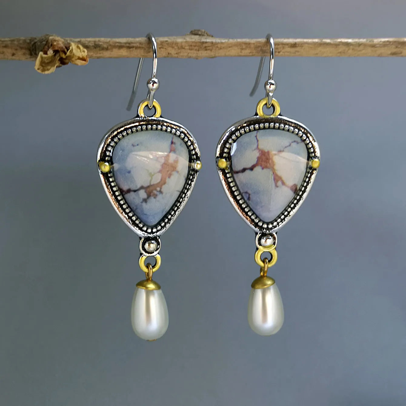 Retro blue drop earrings with synthetic opal, white pearls, and geometric bohemian design