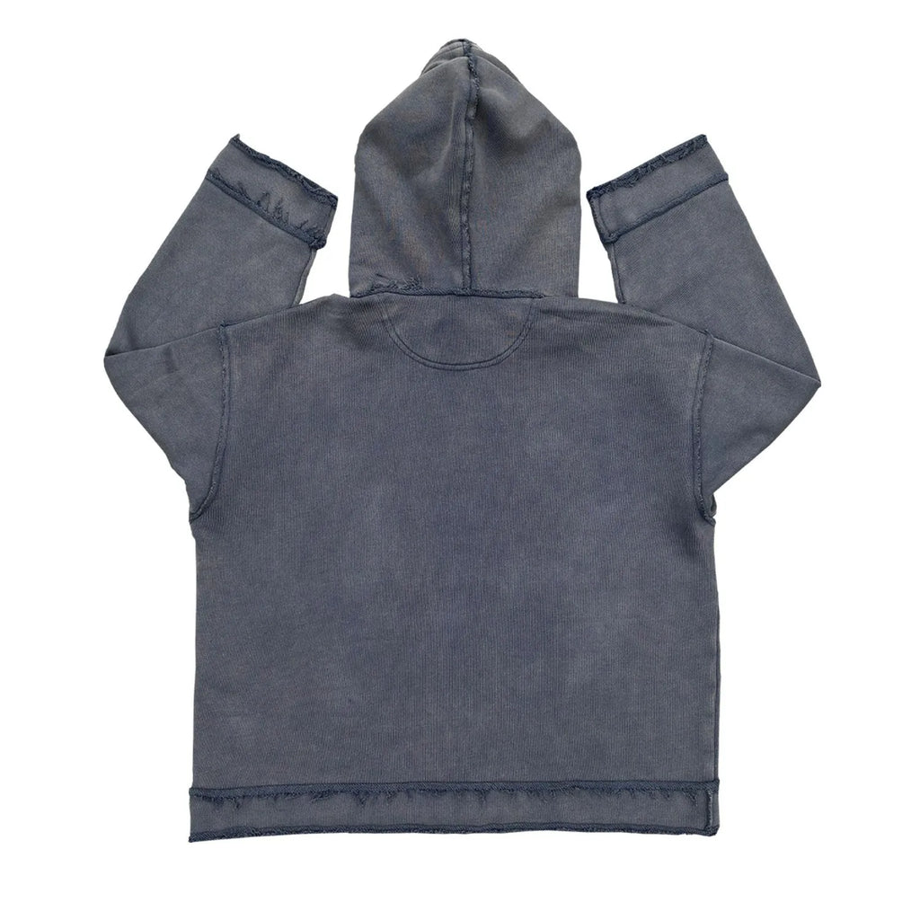 Reverse dark blue hoodie sweater with back-to-front The Sun Also Rises graphic design