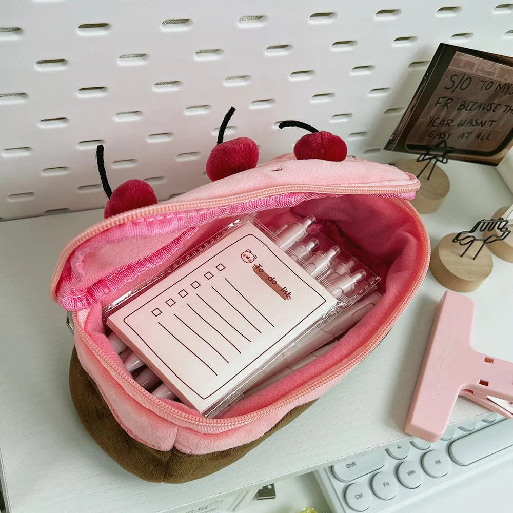 Cherry cake plush design velvet pencil bag in Korean style