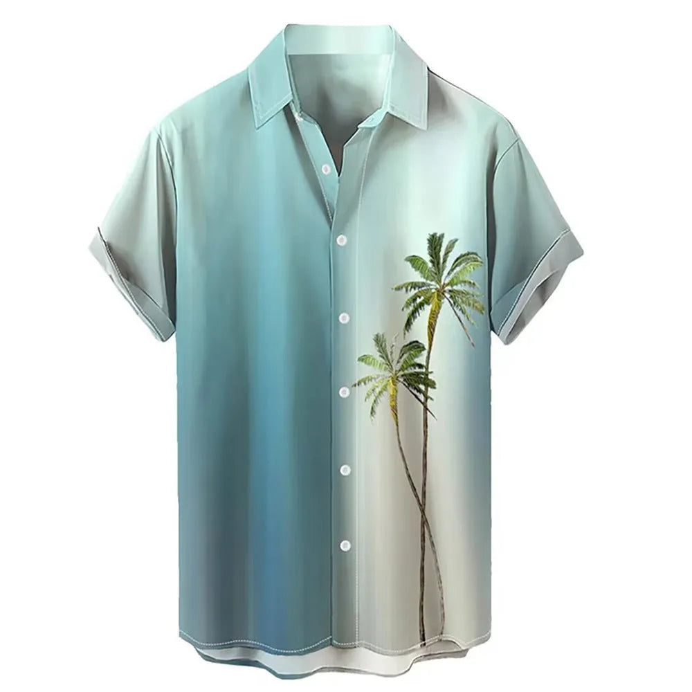 Man wearing a blue and white 3D printed Hawaiian pattern short sleeve cardigan shirt.