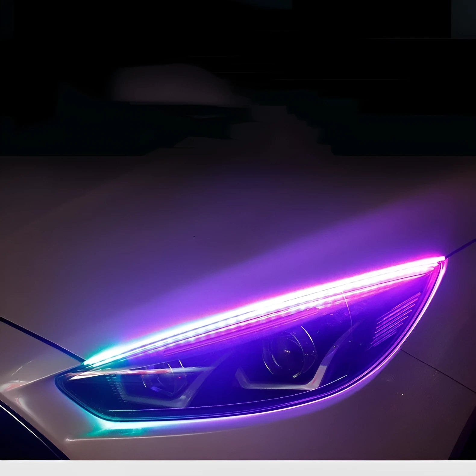 A universal RGB LED daytime running light strip for cars with a remote control, shown in three size options.