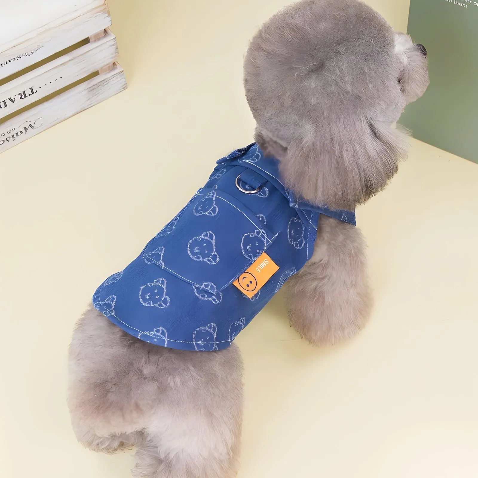 Small dog wearing denim princess dress with bracket skirt design for spring and autumn weather