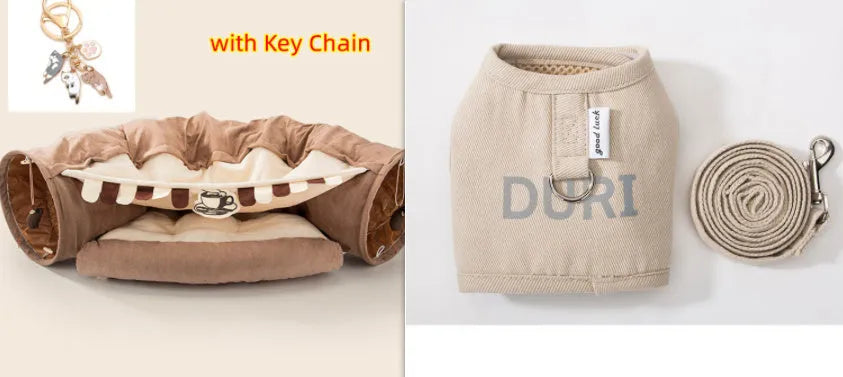 Collapsible cloth cat tunnel toy shown in one of four colours: Bar, Coffee, Matcha, or Pink.