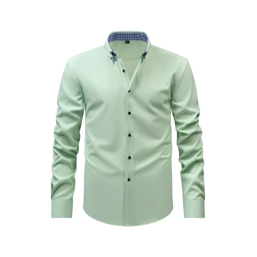 Casual cardigan shirt in solid colour with double collar stitching, three-button placket, and stretch polyester fabric