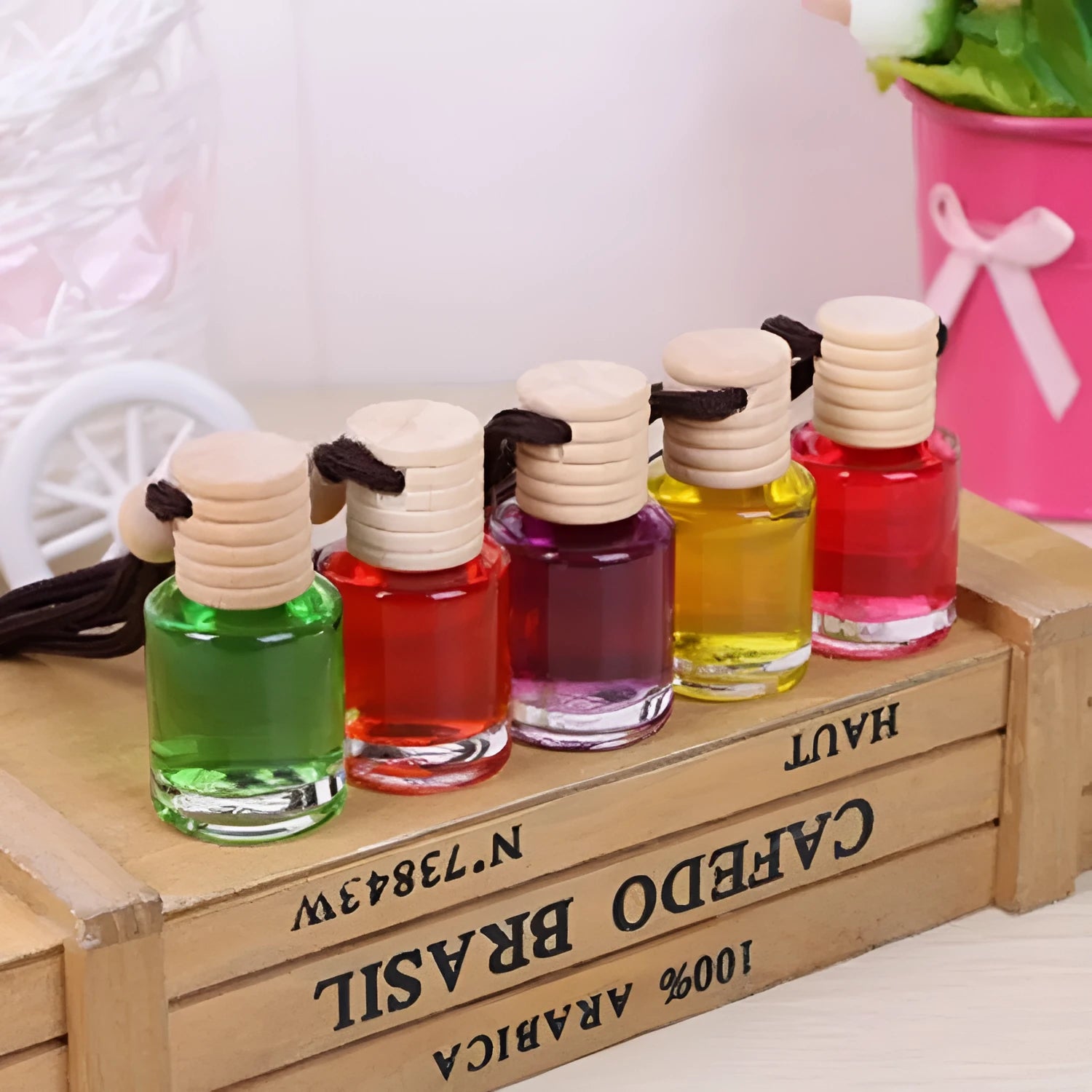 Car air freshener glass bottle hanging ornament with 55g net content, available in six scents including lavender and lemon