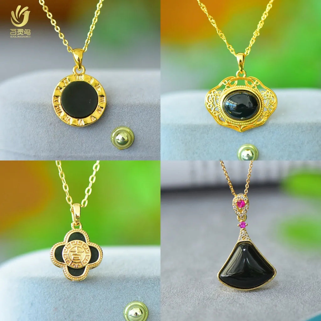 Flat, polished Hetian jade pendant in ink blue and gray, set within a handcrafted copper inlay on a necklace chain.