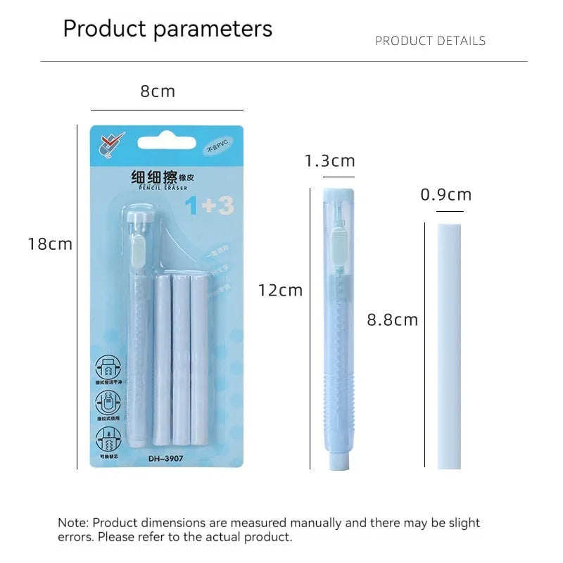 Push-type automatic children's eraser in four colour options showing traceless thin rubber and PVC construction