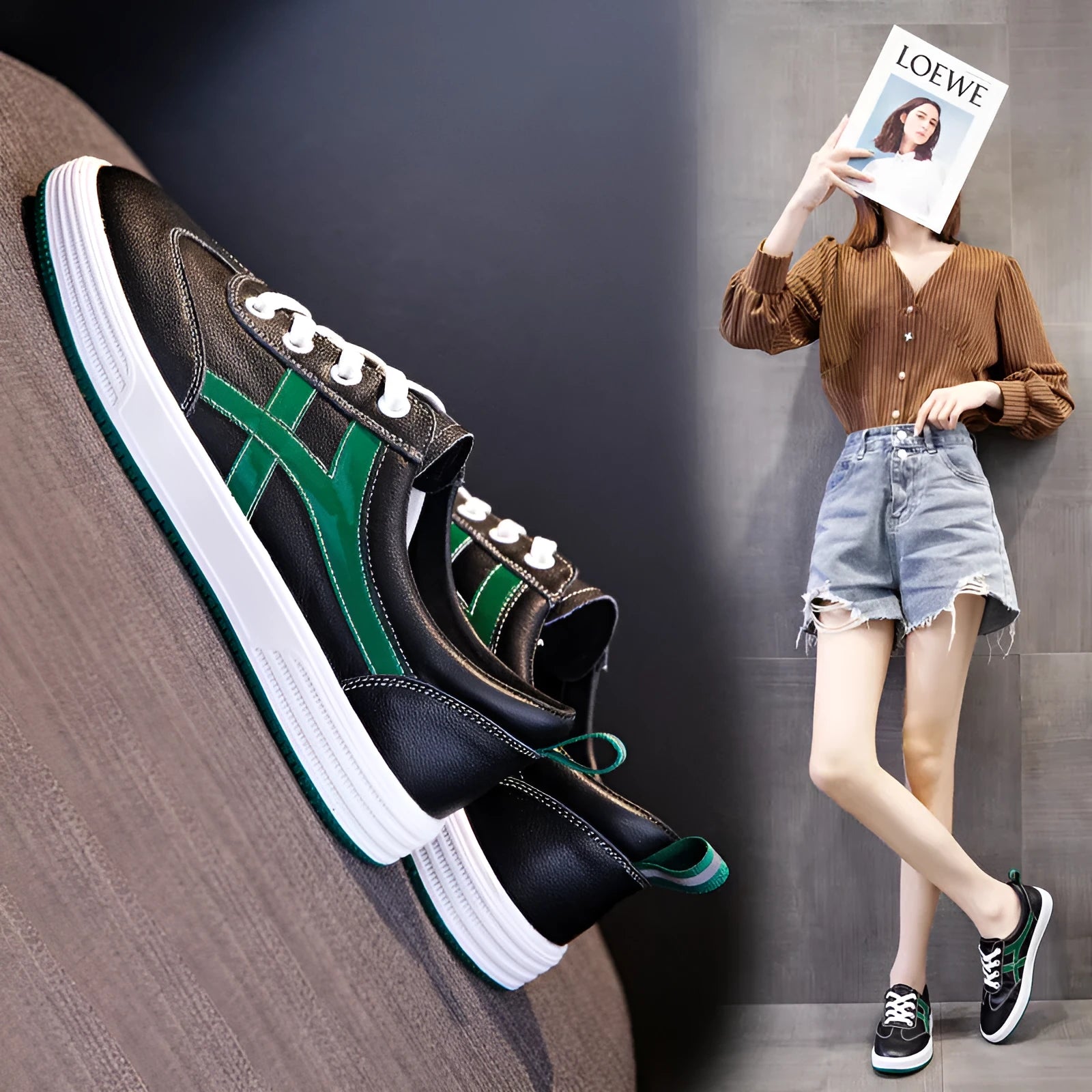 Women's leather Korean style sneakers with elastic band and round toe in black and white options