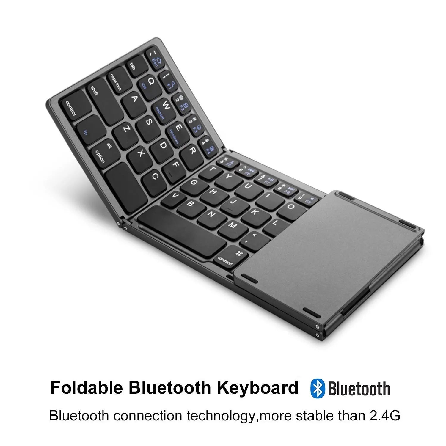 Tri-fold Bluetooth keyboard in black showing folded 0.8cm thickness next to unfolded 30.2cm typing surface