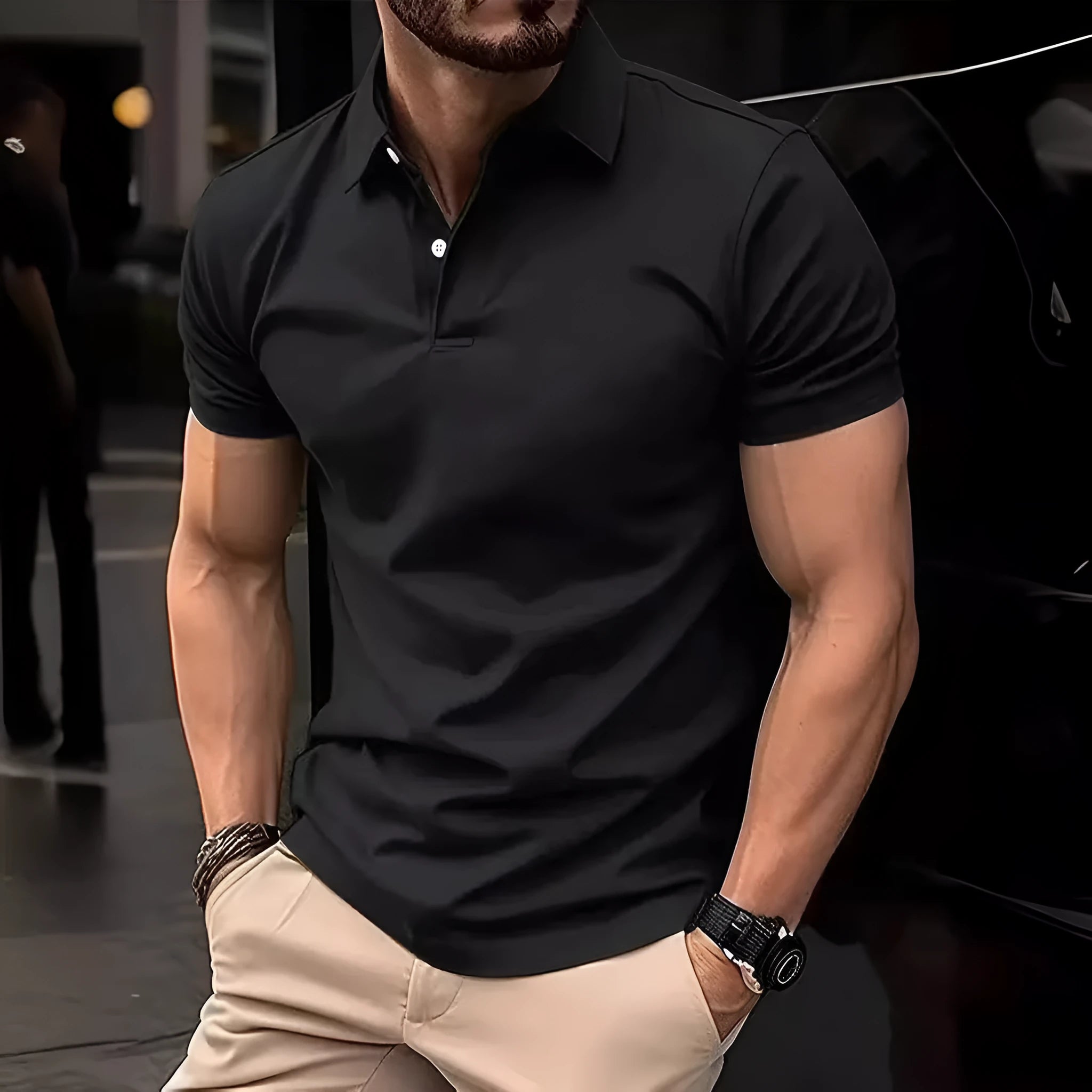Man wearing a slim fit solid colour short sleeve casual shirt in a cotton blend fabric.