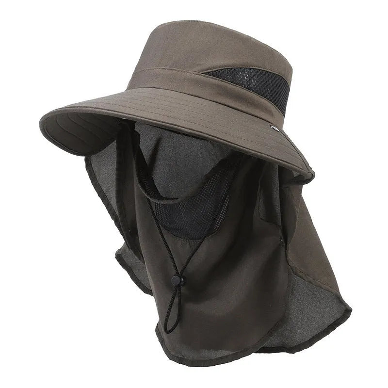 Men's wide brim polyester fisherman sun hat in khaki colour with adjustable strap.