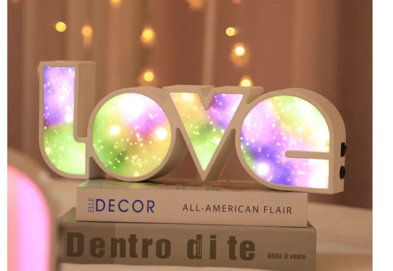 LED LOVE light with rainbow style lampshade measuring 35.5x13.5cm for decorative room and event lighting