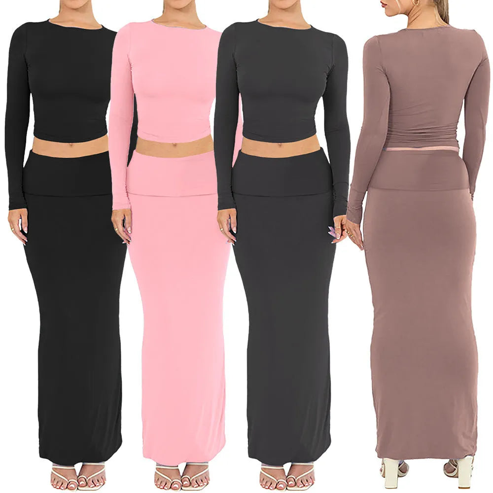 Women's autumn two-piece suit in sweet style, showing three-quarter sleeve top and long skirt.