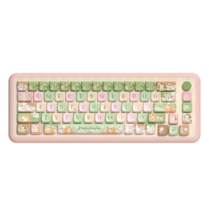 Mu Xia Garden Summer Garden design key cap set for mechanical keyboards, showing colourful graphic on keys.